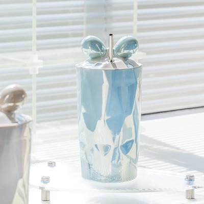 蝴蝶结 陶瓷杯带盖吸管杯可爱女杯子设计小众马克杯ins水杯办公室