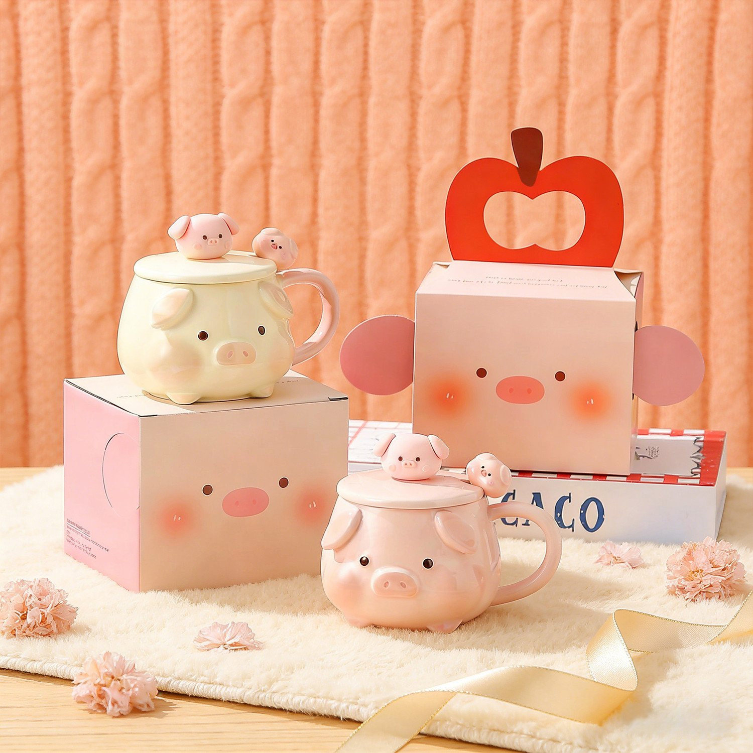 可爱猪猪杯釉下彩喝水杯子生日礼物高颜值带盖马克杯咖啡杯陶瓷杯