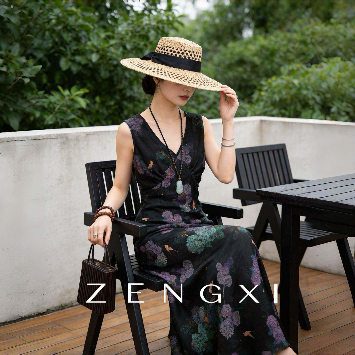 气质香云纱无夏袖印花连长衣裙女领V修身显JYM瘦优雅气质小众黑色