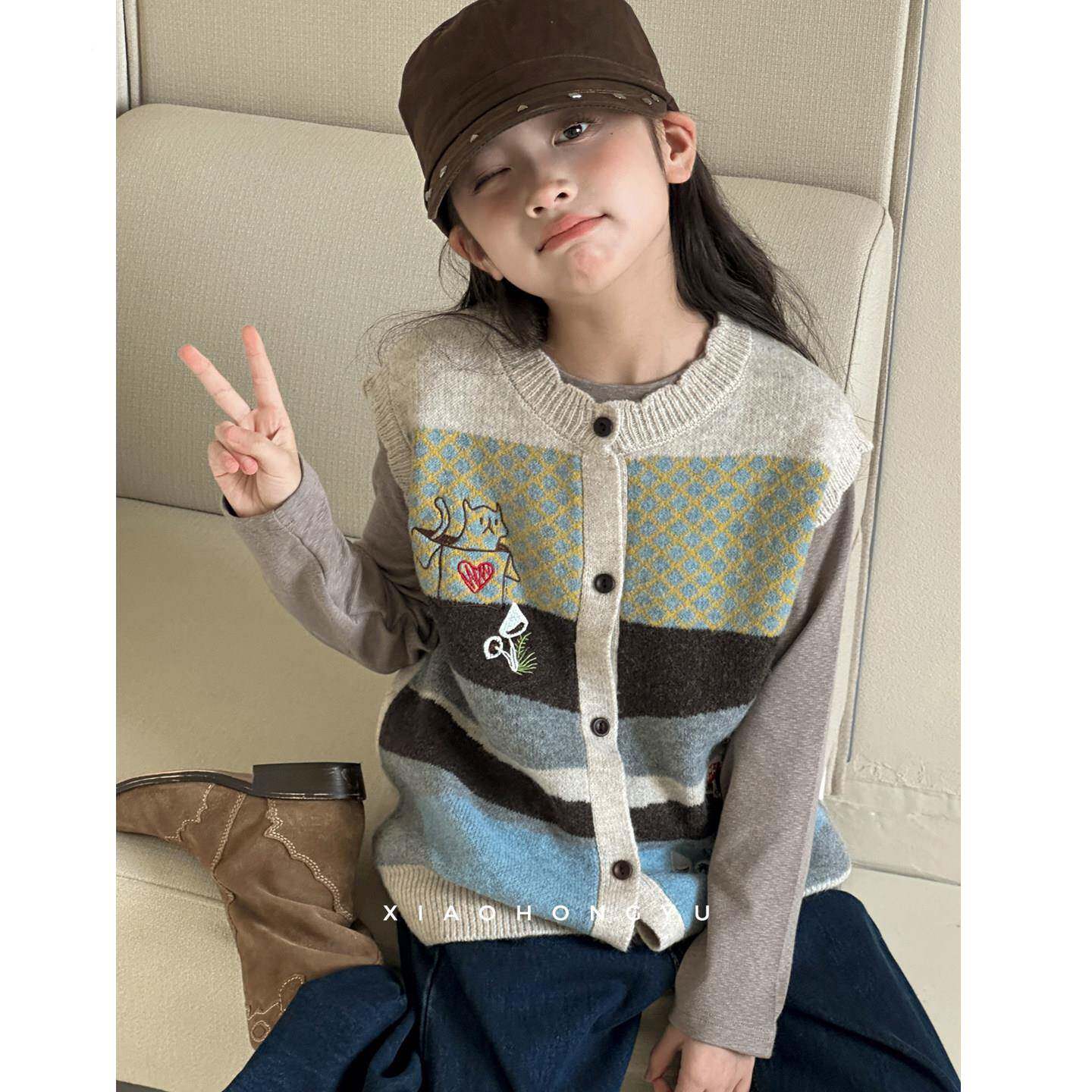 女童巨针织马甲衫秋装韩国童装青少看年秋季开OUX独特好上衣儿童