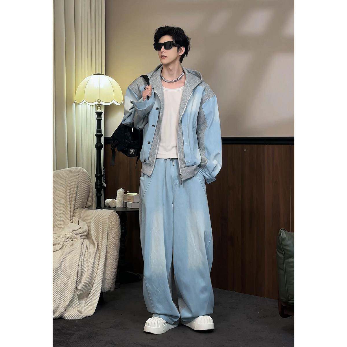 龙流叨叨春季新品潮拼美式复古套26001接连帽卫衣百搭宽松牛仔长