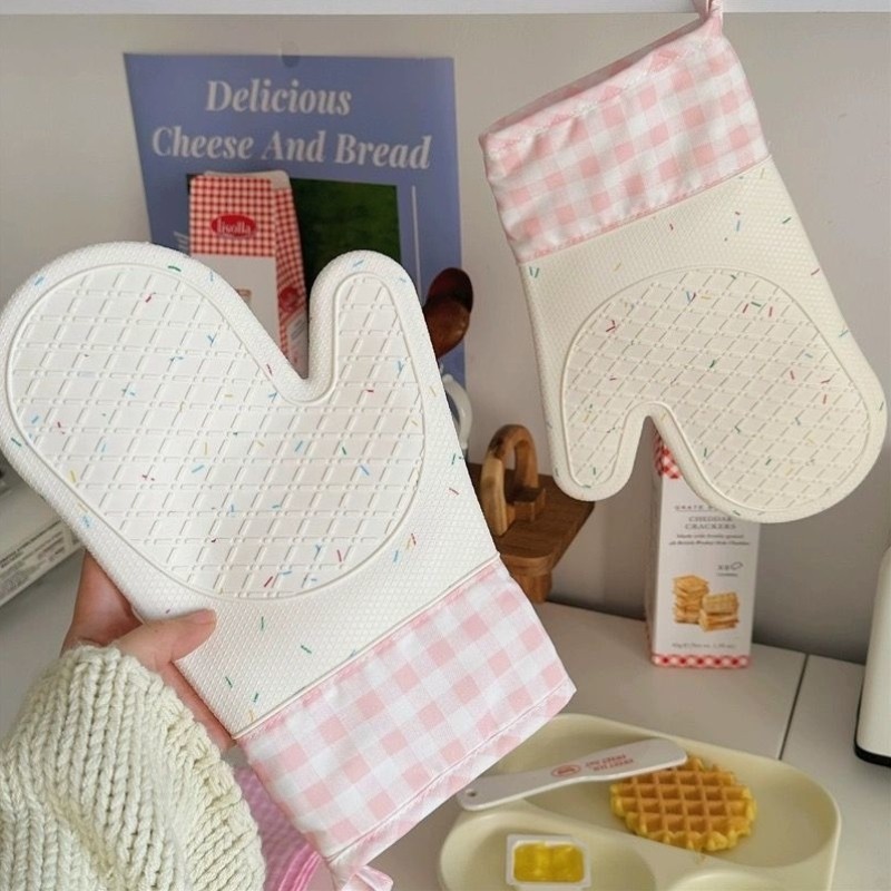 手套微波炉防烫粉色隔热糖针防滑格子耐热ins硅胶手套厚韩风加棉