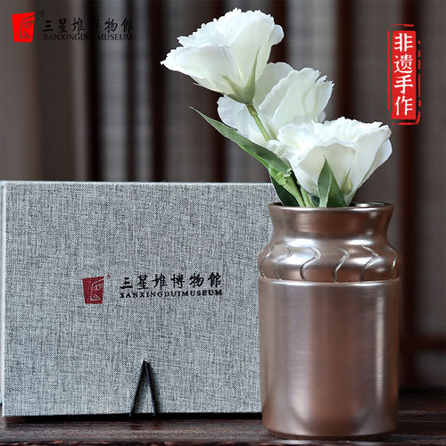 三星堆青铜铃文创周边非遗紫砂花瓶客厅插花瓶新中式书房桌面摆件