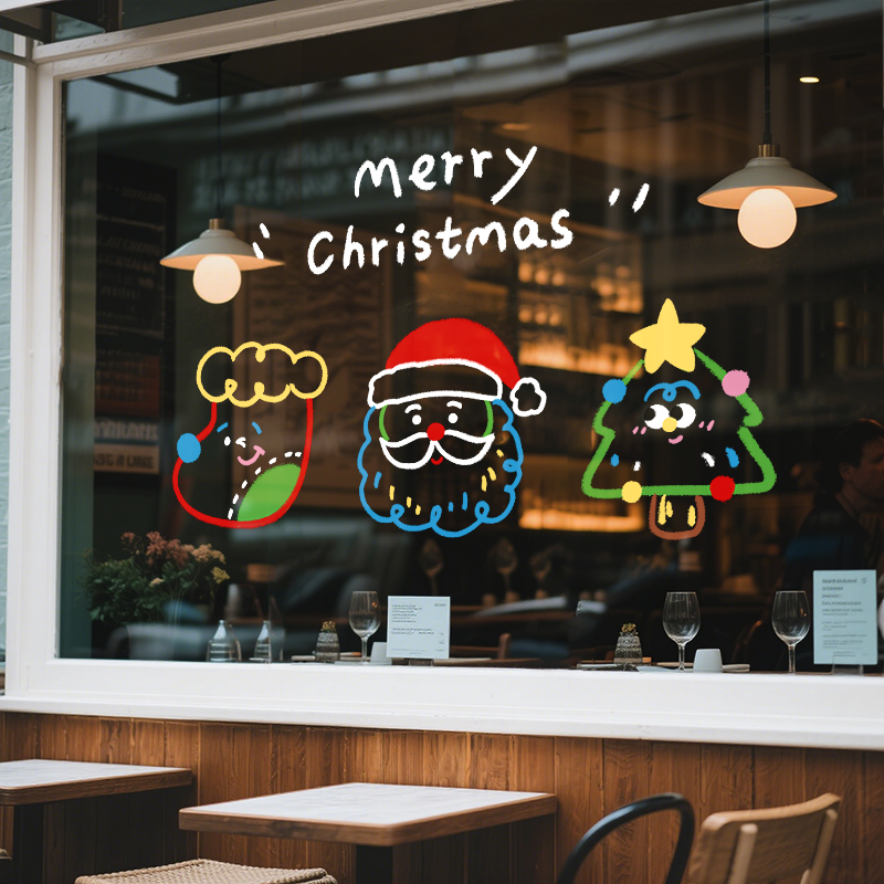 圣诞节装饰品圣诞老人橱窗玻璃门贴纸店铺氛围布置静电贴窗花贴画