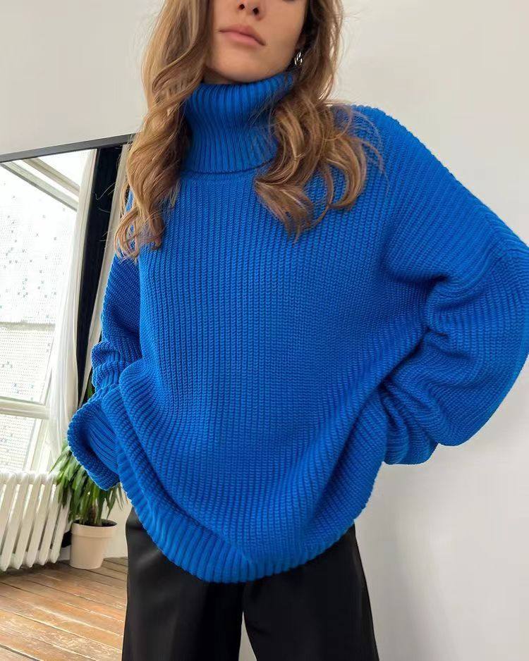 欧美风针织套头纯色宽松休闲高领毛衣Knitted turtleneck sweater