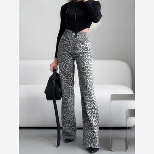 Leopard Print Jeans Women Wide Leg Trouser Denim Pants Lady