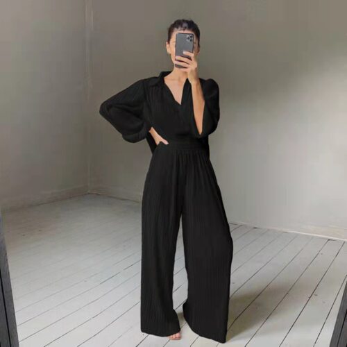 New autumn and winter pleated shirt + pleated trousers suit