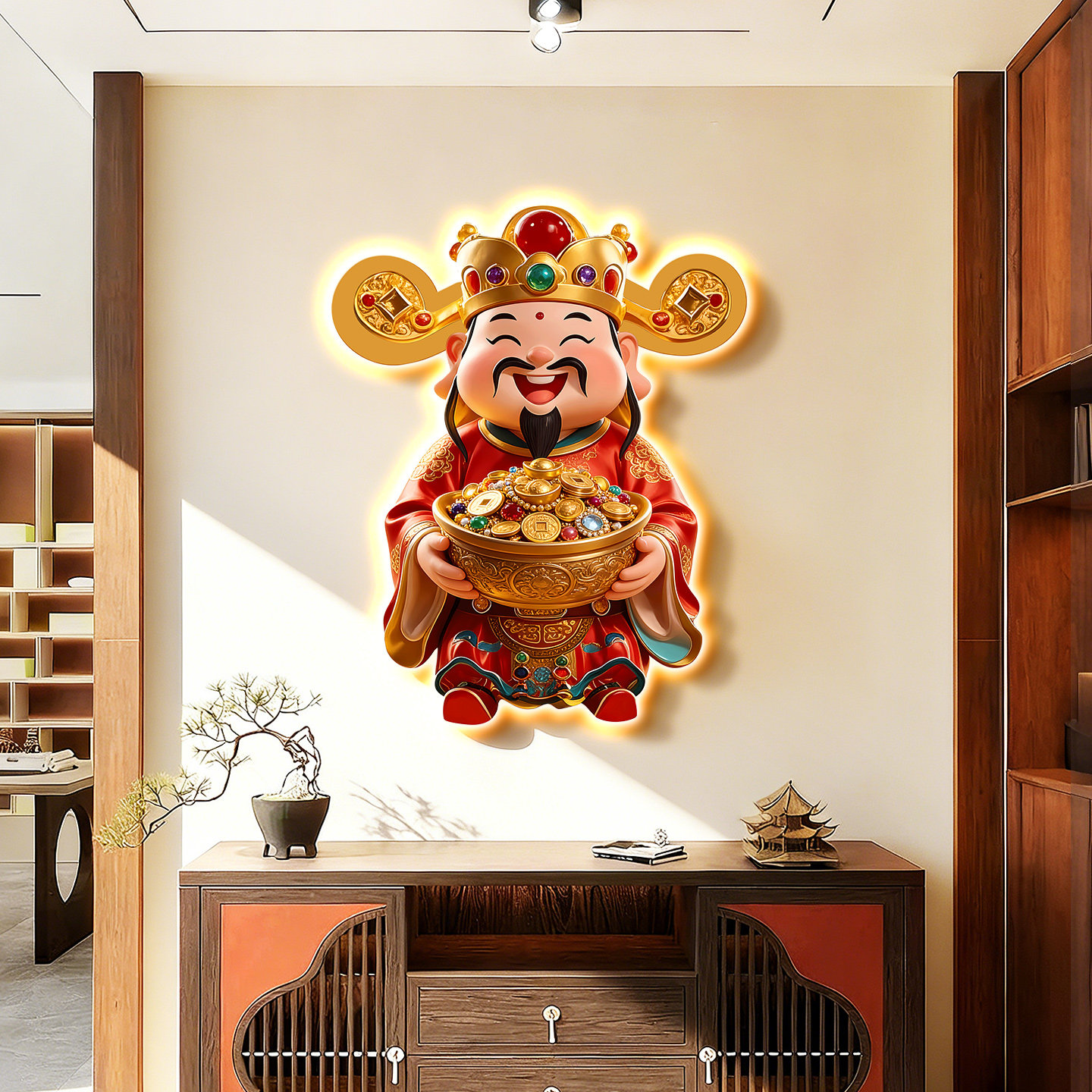 入户门口玄关装饰画正对门财神爷墙上寓意好挂画高级感走廊壁灯画