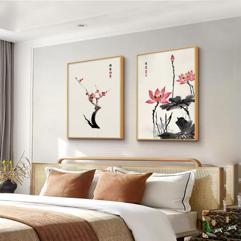 新中式卧室装饰画古风荷花水墨国画主卧床头挂画酒店房间高端壁画图片