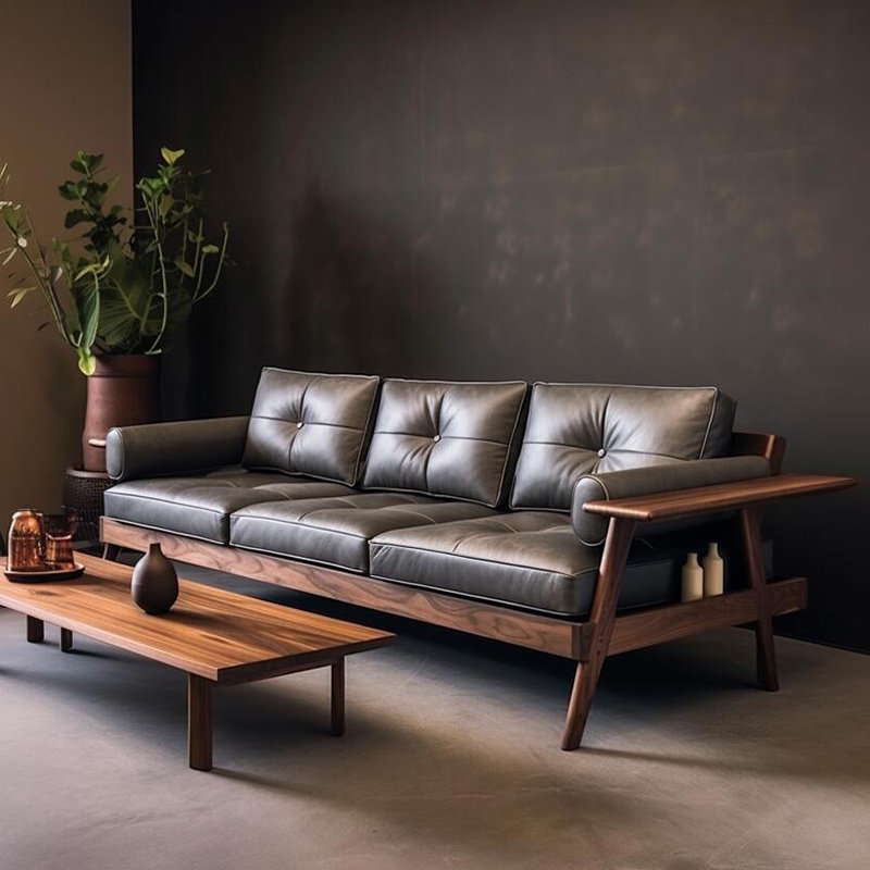 新中式胡桃木真皮沙发客厅2025新款高端小户型实木三人位直排沙发