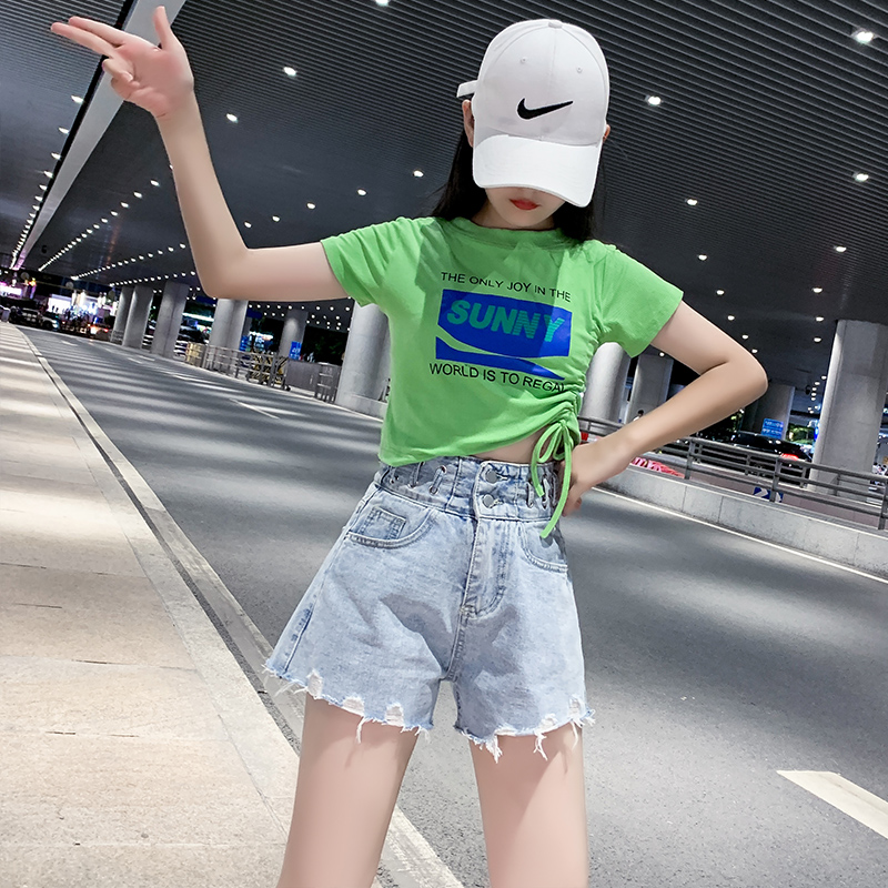 女童短款t恤儿童露脐装夏季2021新款上衣短袖时髦牛仔