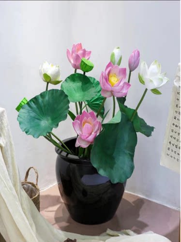 仿真荷花pu荷叶道具假花水池装饰塑料花鱼池莲花婚庆摆件供佛摆设