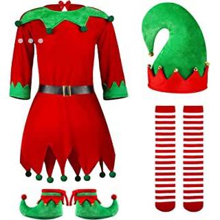 2022年欧美新款圣诞节儿童服装亲子装可爱红色精灵戴帽女童连衣裙