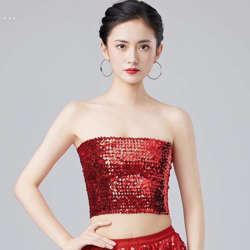 女亮片抹胸上衣万圣节舞台服装高弹力珠片防走光裹胸肚皮舞演出服
