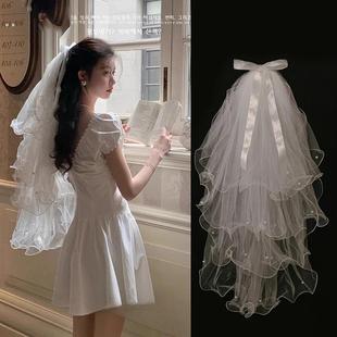 森系甜美头纱领证白色蝴蝶结珍珠发饰小众新娘结婚演唱会拍照道具