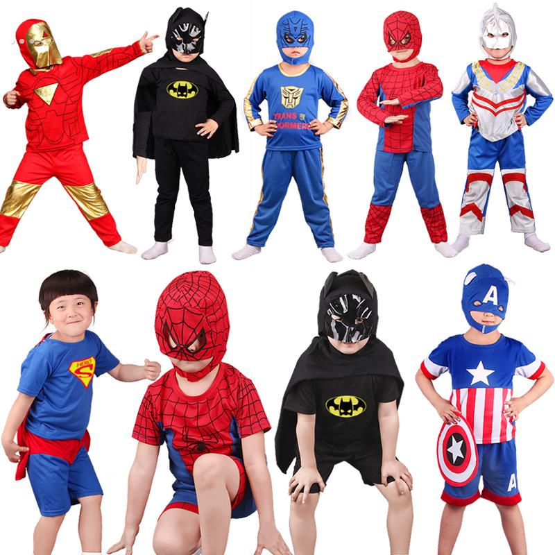 跨境万圣节男童cosplay漫威英雄长袖短袖美国队长蜘蛛侠衣服装扮