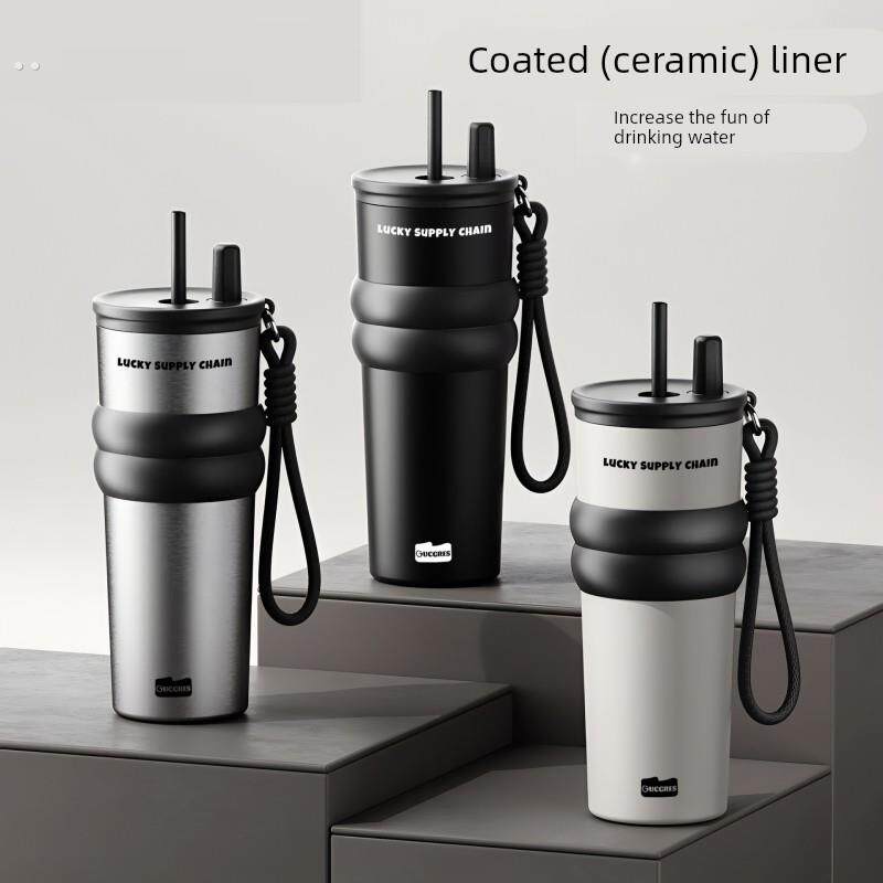 大容量陶瓷内胆水杯大号保温杯女车载陶瓷2025吸管水杯咖啡随行杯