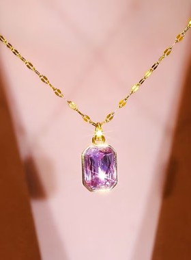 新款超闪紫色方块水滴项链女网红爆款小众设计感轻奢气质百搭项链
