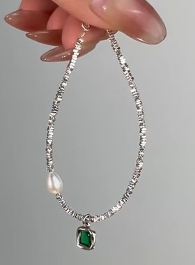 方块绿色锆石珍珠碎银手链女网红时尚气质小众个性百搭手环手饰女