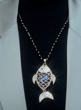 韩版时尚年年有鱼水晶吊坠毛衣链女简约长款百搭衣服挂件2022新款