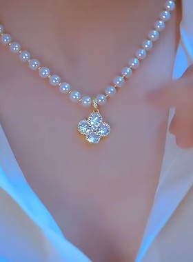 新款四叶花锆石珍珠项链