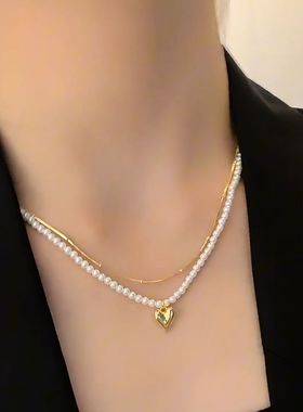 高级感双层爱心珍珠项链女网红爆款轻奢小众设计感叠戴项链女