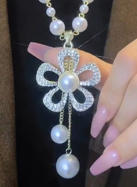 花朵珍珠毛衣链女网红百搭秋冬设计感小众高级感项链2022年新款潮