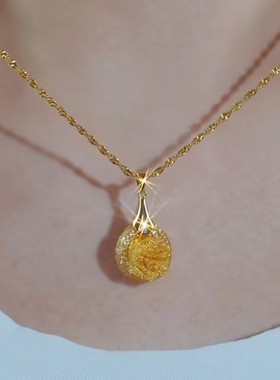 高级感金色玫瑰花圆形吊坠项链