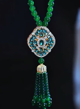 时尚祖母绿串珠水晶项毛衣链网红爆款长款吊坠百搭配饰品毛衣链女