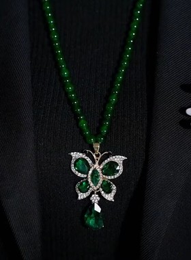 时尚绿色蝴蝶水晶长款毛衣链女网红爆款百搭配饰简约挂件毛衣链女