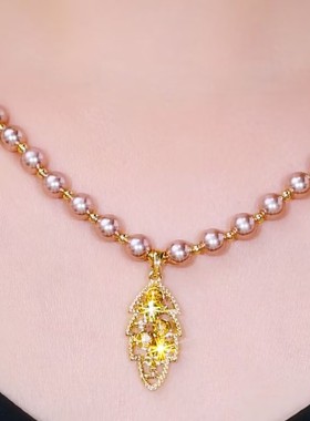 时尚咖色树叶珠珠项链女网红爆款轻奢高级感气质小众设计感项链女
