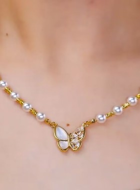 超仙蝴蝶珠珠项链女网红爆款轻奢气质百搭小众设计感精美时尚项链