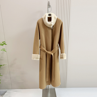 进口水貂毛领高端羊绒大衣女长款毛呢外套皮扣立领系腰带气质风衣