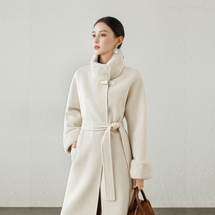进口水貂毛领高端羊绒大衣女长款毛呢外套皮扣立领系腰带气质风衣