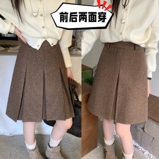 美式韩系格子百褶裙前后两面穿毛呢短裙大码显瘦中裙A字半身裙冬
