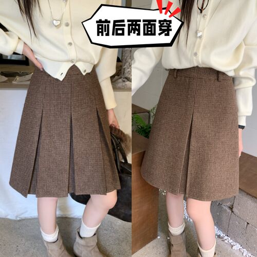 韩系格子百褶裙学生加厚毛呢半裙