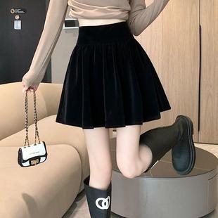 大码金丝绒A字裙显腿长短裙秋冬韩版学院风伞裙女黑色百褶半身裙