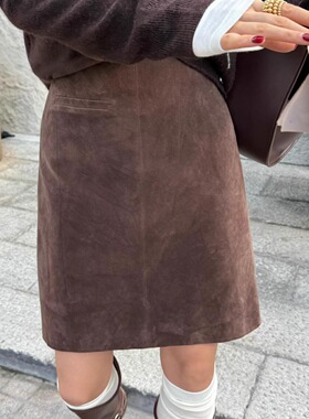 胖mm咖色麂皮绒半身裙复古高腰a字包臀中裙秋冬新款五分直筒短裙