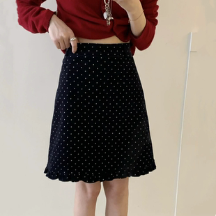 韩系秋冬波点中裙胖MM气质显瘦加厚毛呢a字短裙黑色木耳边半身裙