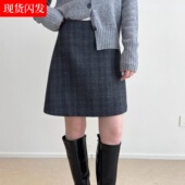 复古格纹半身裙大码 高腰羊毛呢a字短裙秋冬灰格子小A版 显瘦包臂裙