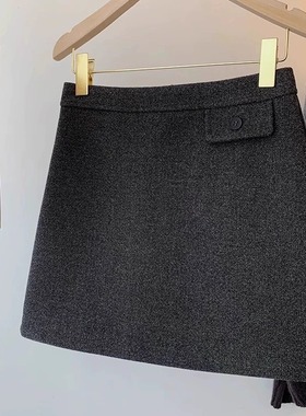 高腰加厚羊毛呢半身裙大码秋冬灰色毛呢显瘦短裙设计感小众a字裙