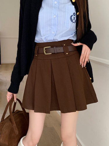防走光咖色百褶裙A字裙小个子女