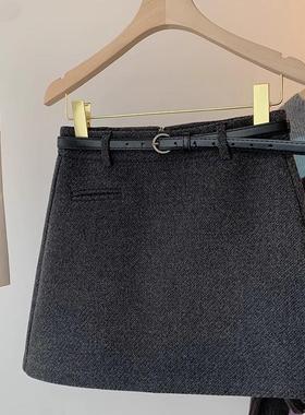 深灰色高腰a字短裙加长版毛呢半身裙大码冬装中裙小个子包臂半裙