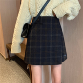毛呢格子不规则半身裙女胖mm高腰遮胯a字裙秋冬大码 显瘦包臂短裙
