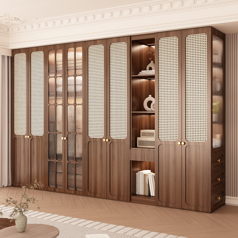 中古风家用卧室实木衣柜一门到顶2025新款爆款平开门藤编门衣帽间