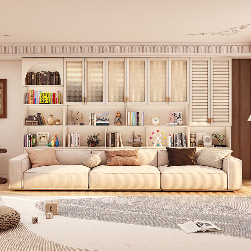 实木去客厅化书柜中古风藤编门落地书架整墙到顶沙发背景储物柜子