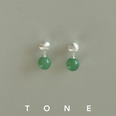 TONE天然绿东陵拉丝银球耳夹蚊香盘高级感小众中式国风女耳钉耳环