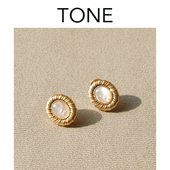 TONE复古哑光金麻花白贝母耳夹蚊香盘高级感优雅气质无耳洞女耳钉