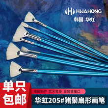 韩国HHWAHONG华虹205长杆猪鬃毛扇形笔专业学生美术绘画手绘初学者丙烯/水彩/水粉/油画画笔笔刷排笔专用套装
