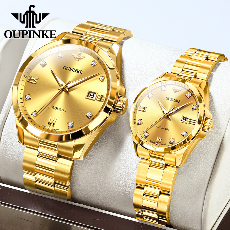 瑞士进口芯正品牌全自动机械情侣手表一对男女款8颗真钻18K黄金色